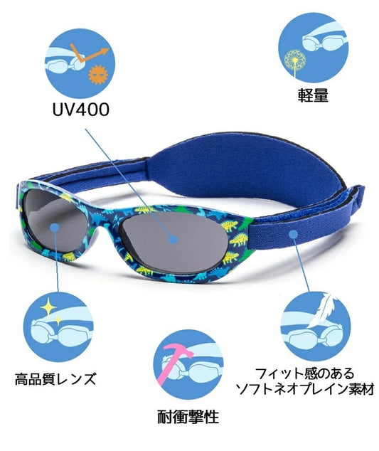 UV400レンズ、軽量、耐衝撃性、フィット感のあるソフトネオプレン素材という特長を説明する図