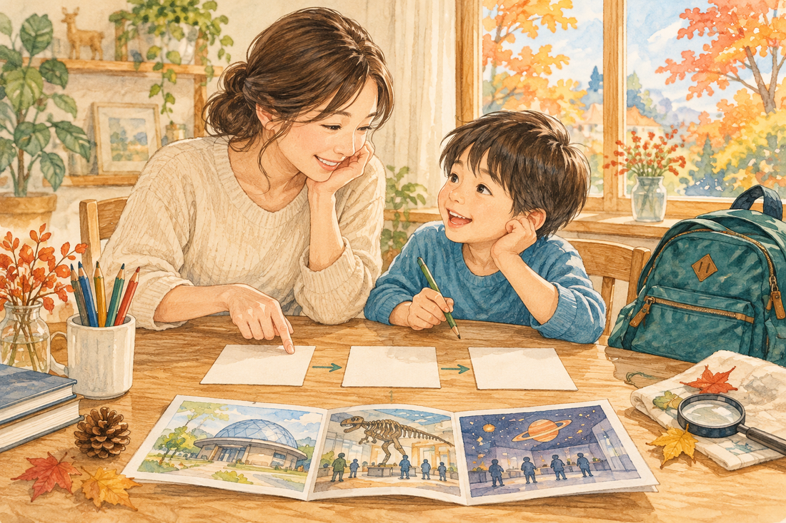 秋の体験教室へ出かける予定を自宅で相談する親子の創作イラスト
