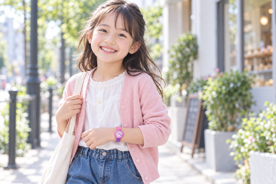 チェリーベリーの腕時計にピンクのカーディガンとデニムを合わせて街歩きを楽しむ女の子（AI生成イメージ）