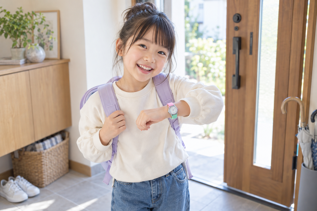 外出前にストロベリーミントの腕時計を着けて笑顔を見せる女の子（AI生成イメージ）