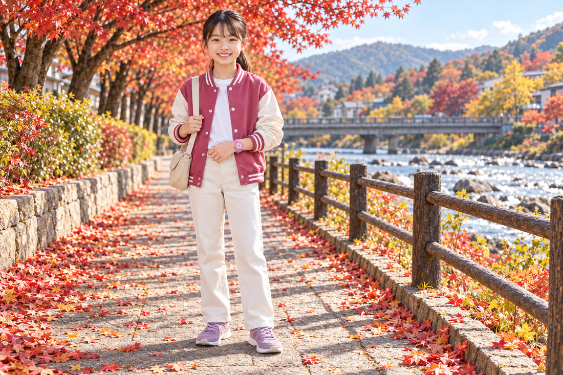 チェリーベリーの秋コーデ：ベリー色のスタジャンと、明るいアイボリーのパンツ。（AI生成イメージ）