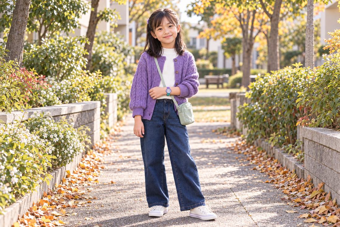 ラベンダーミントの腕時計と紫のカーディガンを合わせた小学生の女の子の秋コーデ（AI生成イメージ）