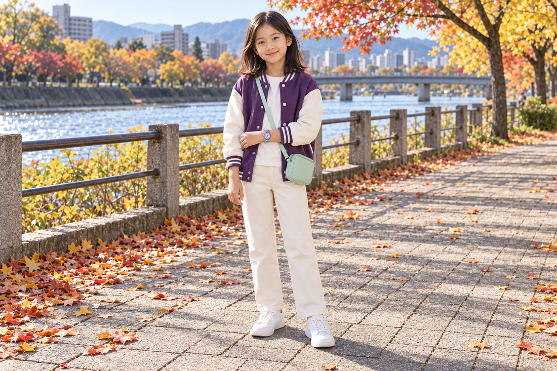 ラベンダーミントの腕時計を着けた小学生の女の子の秋コーデ：パープルスタジャン×アイボリーパンツ（AI生成イメージ）