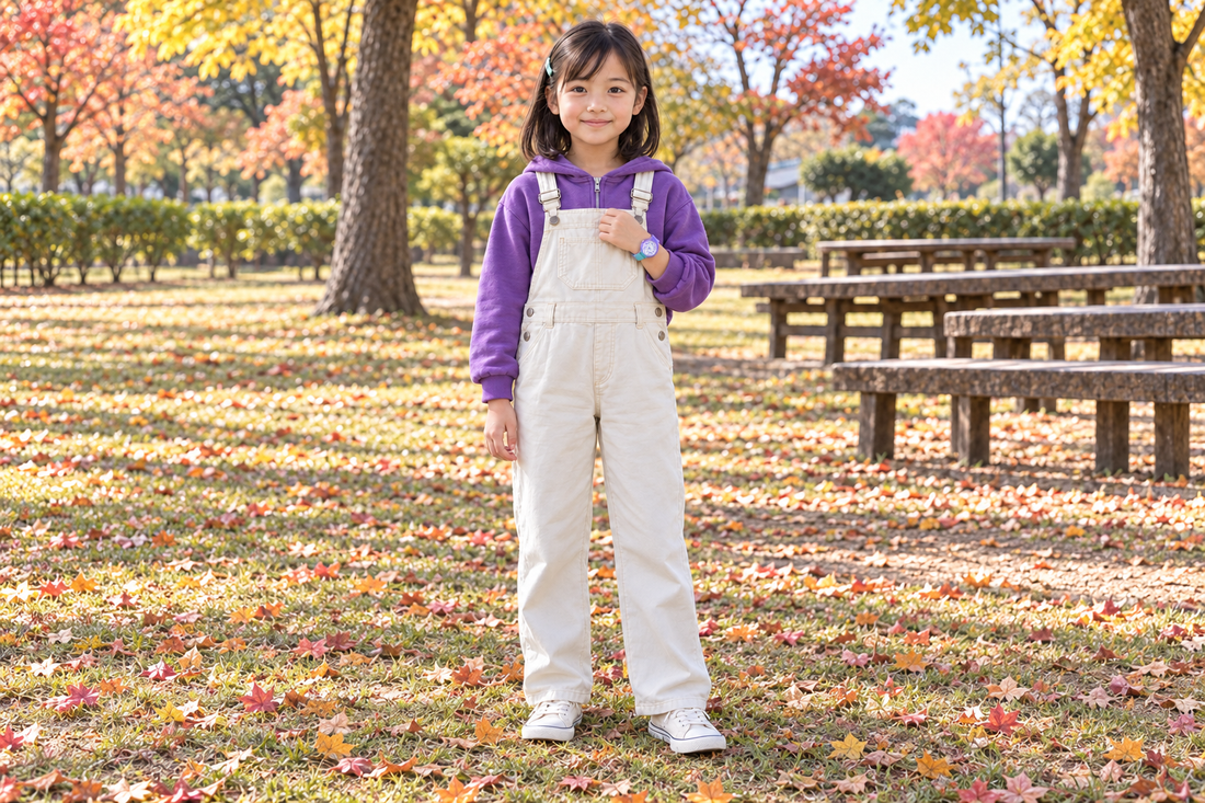 ラベンダーミントの腕時計を着けた小学生の女の子の秋コーデ：グレープパーカー×クリームサロペット（AI生成イメージ）