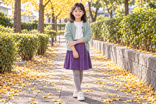 ラベンダーミントの腕時計を着けた小学生の女の子の秋コーデ：ミントカーディガン×グレープスカート（AI生成イメージ）