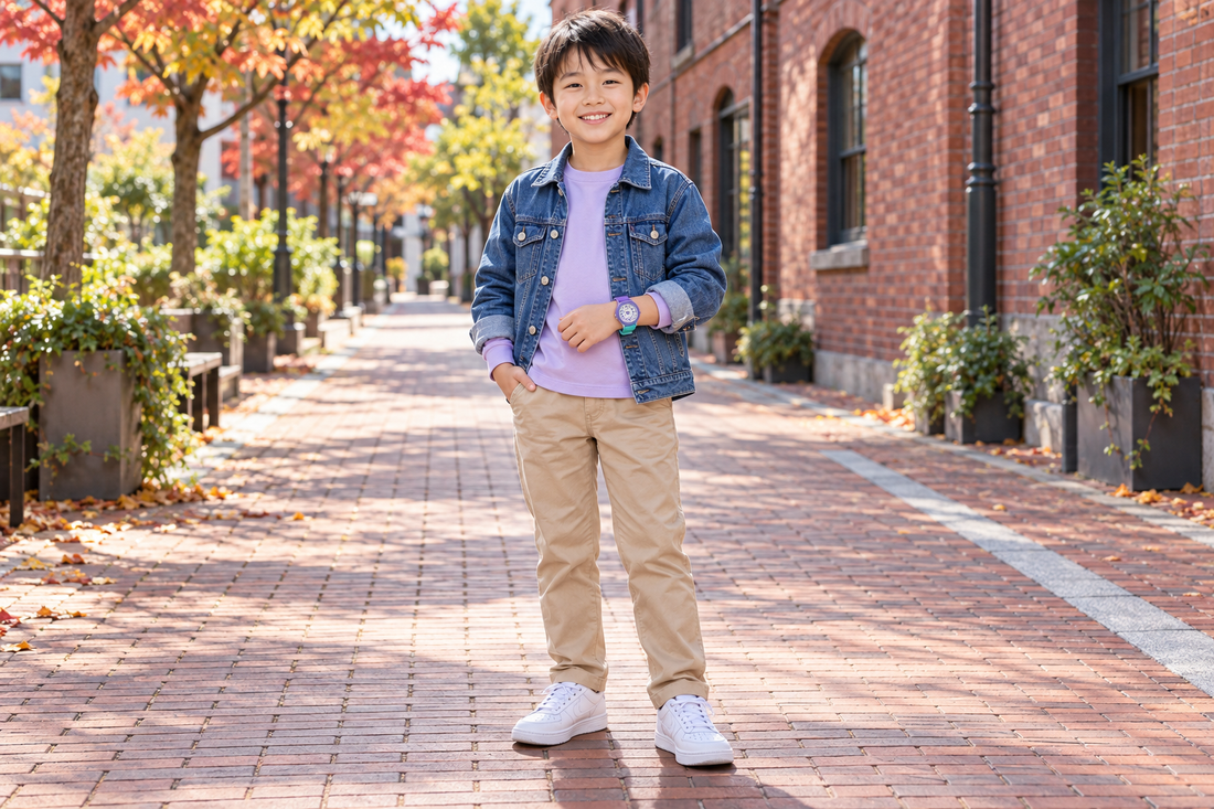 いつものデニムに紫をひとさじ。男の子のラベンダーミントコーデ（AI生成コーデイメージ）