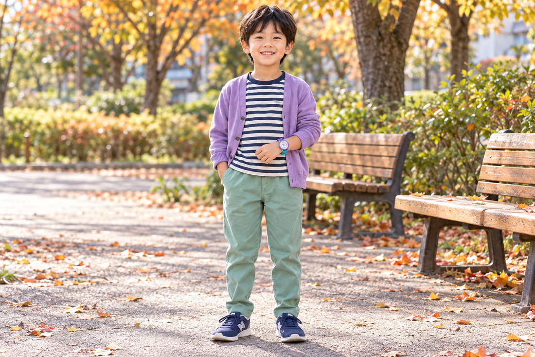 ミントを服にも取り入れて。男の子の秋のラベンダーミント配色（AI生成コーデイメージ）
