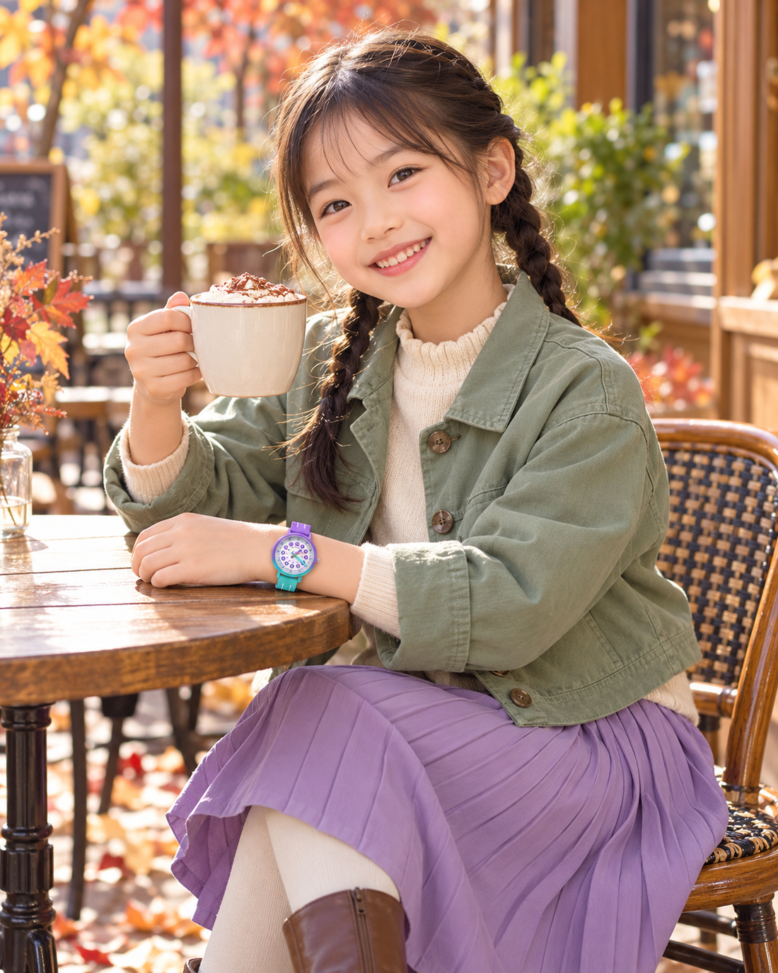 セージグリーンのジャケットとラベンダーのプリーツスカートのカフェコーデ（AI生成イメージ）