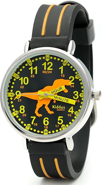 キッダス 知育腕時計 英語版 T-REXの文字盤を大きく写した画像。HOURとMINUTEの表記