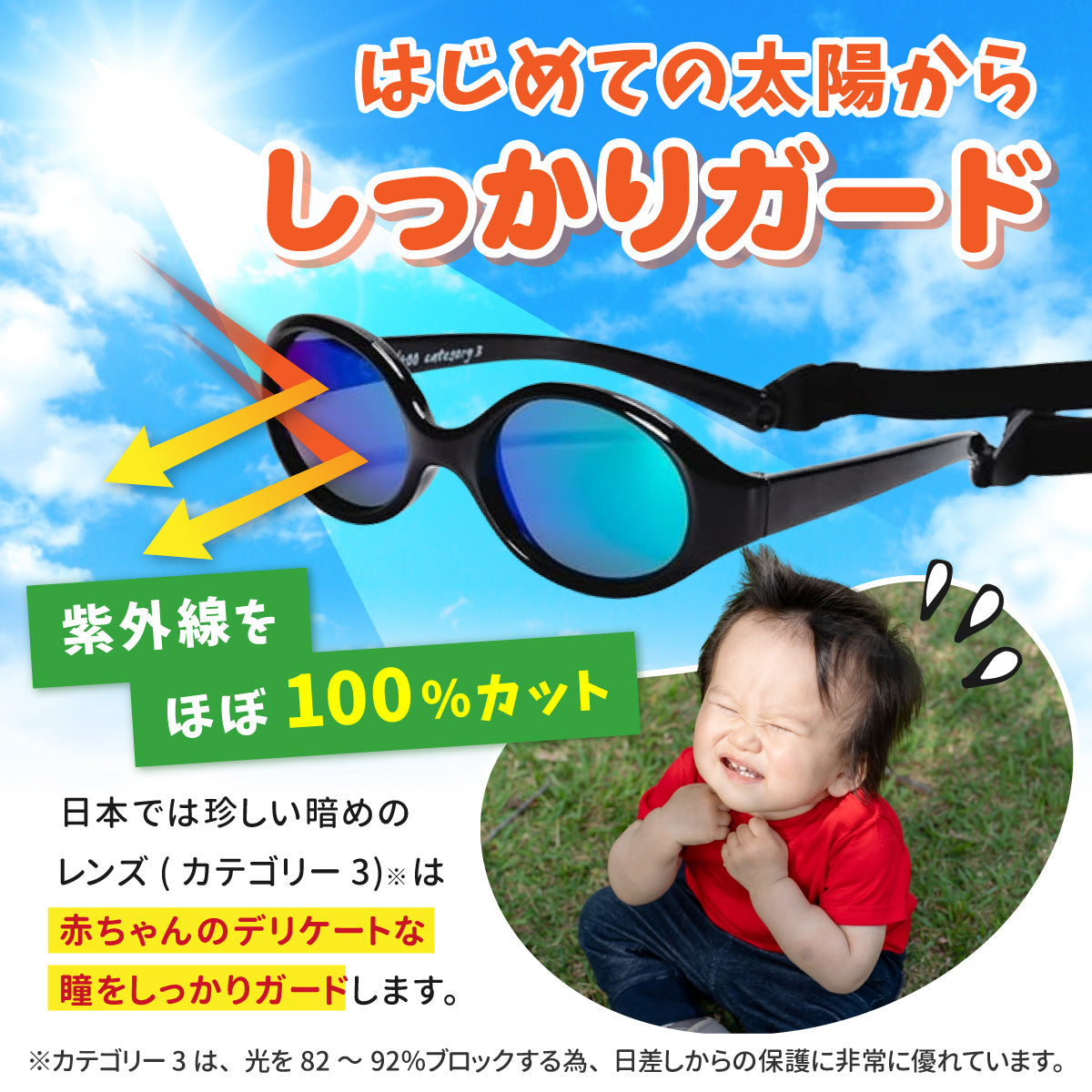 カテゴリー3の暗めレンズで紫外線をほぼ100パーセントカットすることを説明するバナー