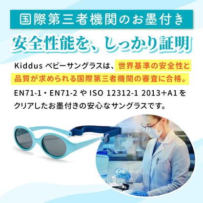 国際第三者機関の審査に合格し、EN71-1、EN71-2、ISO12312-1をクリアしていることを説明するバナー