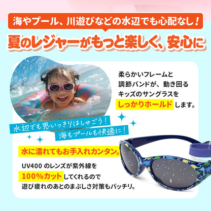 海やプール、川遊びなど水辺でも使えることを説明するバナー。プールでサングラスをかけた子ども
