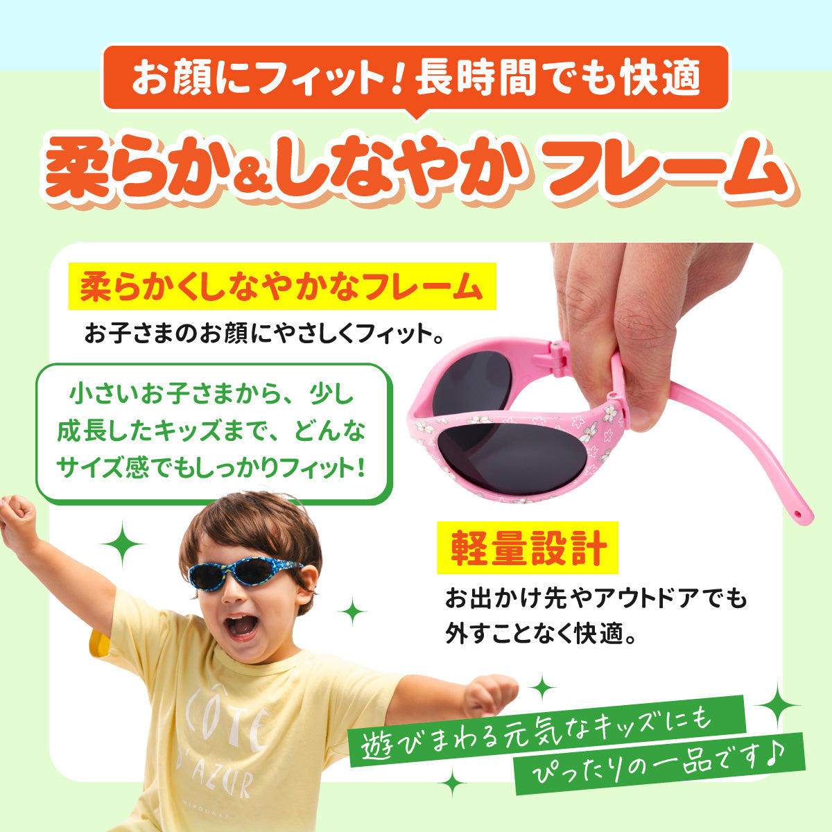 顔にやさしくフィットする柔らかフレームと軽量設計の説明バナー