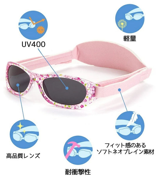 UV400レンズ、軽量、耐衝撃性、フィット感のあるソフトネオプレン素材という特長を説明する図